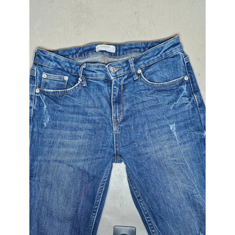 Zara Woman Premium Denim Distressed Slim Jeans Blue Frayed Hem Size 6 2606-115